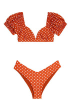 Retro Polka Dot Puff Sleeves V Neck Bikini Two Piece Swimsuit