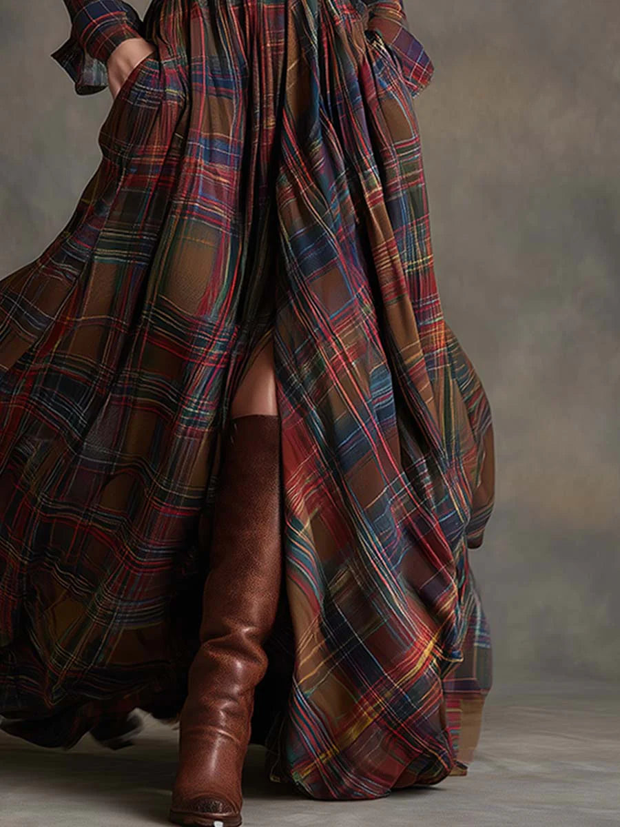 | Reddish Brown Plaid Maxi Dress