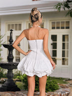 Strapless Ruched Drop Waist Tiered Bubble Ruffle Mini Dress