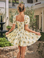 Floral Bow Print Square Neck Lace Trim Puff Sleeve Fit and Flare Mini Dress