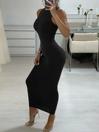 Ribbed Knit Crew Neck Sleeveless Bodycon Maxi Dress