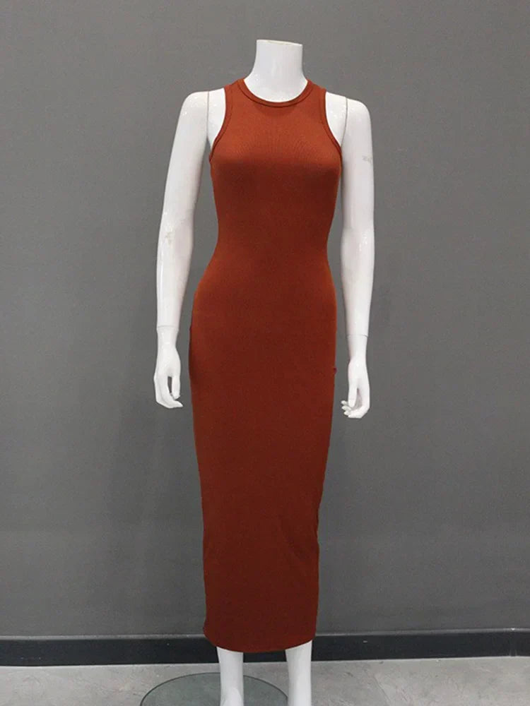 Ribbed Knit Crew Neck Sleeveless Bodycon Maxi Dress