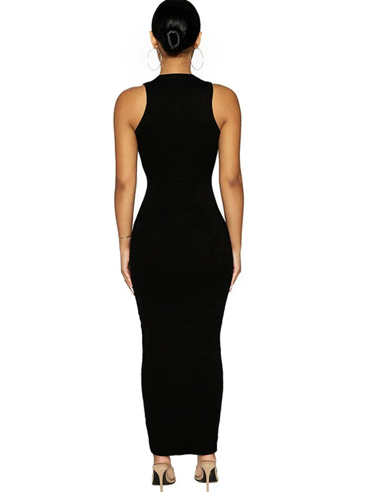 Ribbed Knit Crew Neck Sleeveless Bodycon Maxi Dress