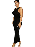 Ribbed Knit Crew Neck Sleeveless Bodycon Maxi Dress