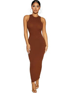 Ribbed Knit Crew Neck Sleeveless Bodycon Maxi Dress
