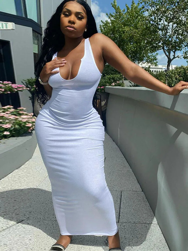 Ribbed Knit Notch Scoop Neck Bodycon Maxi Dress