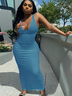Ribbed Knit Notch Scoop Neck Bodycon Maxi Dress