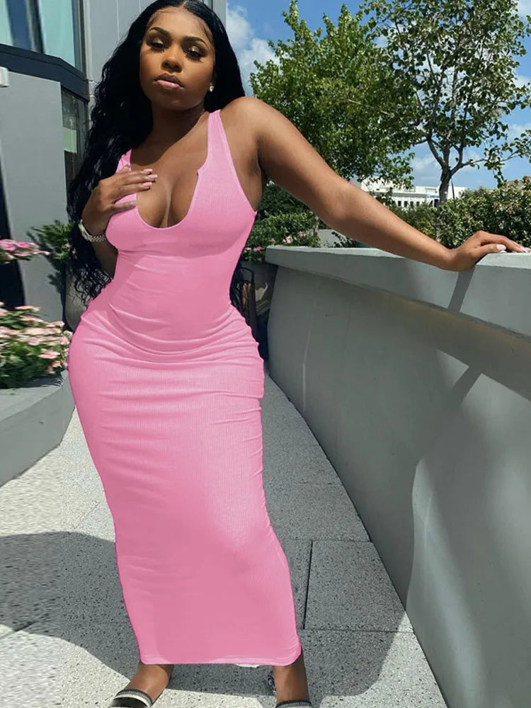 Ribbed Knit Notch Scoop Neck Bodycon Maxi Dress