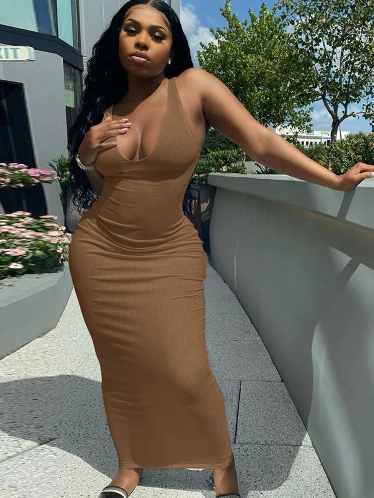 Ribbed Knit Notch Scoop Neck Bodycon Maxi Dress