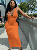 Ribbed Knit Notch Scoop Neck Bodycon Maxi Dress