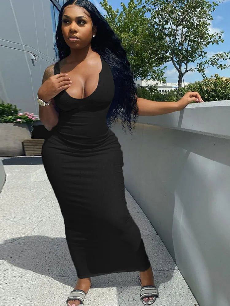 Ribbed Knit Notch Scoop Neck Bodycon Maxi Dress