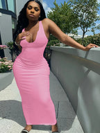 Ribbed Knit Notch Scoop Neck Bodycon Maxi Dress