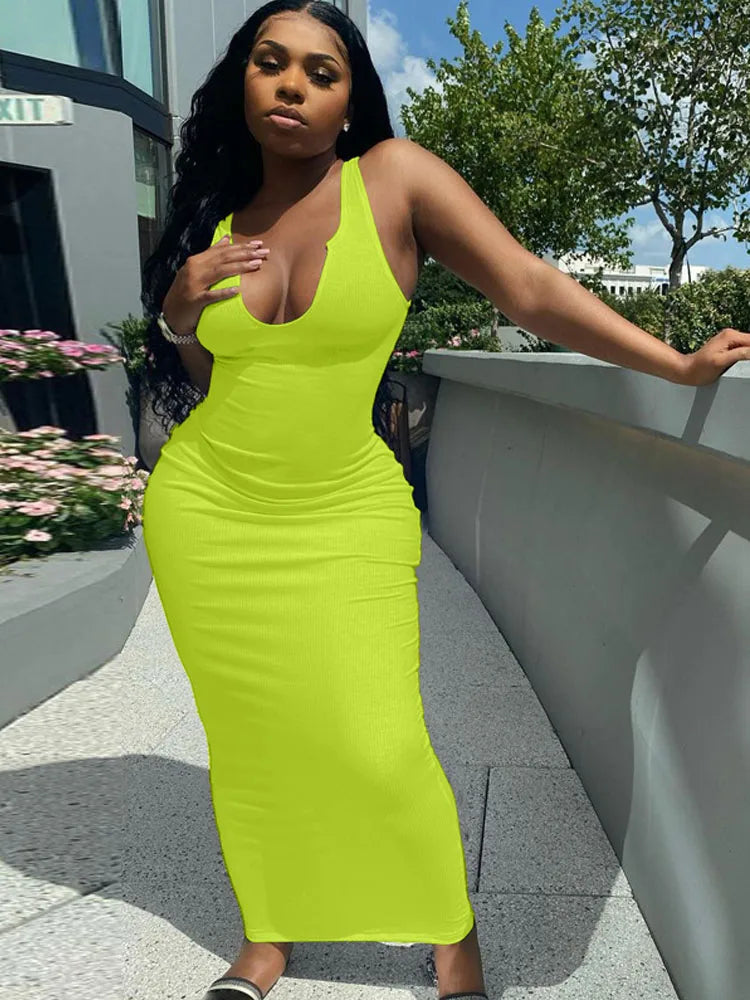 Ribbed Knit Notch Scoop Neck Bodycon Maxi Dress