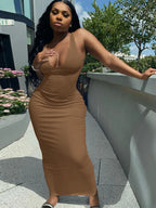 Ribbed Knit Notch Scoop Neck Bodycon Maxi Dress