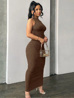 Ribbed Knit Sleeveless Empire Seam Backless Bodycon Maxi Dress