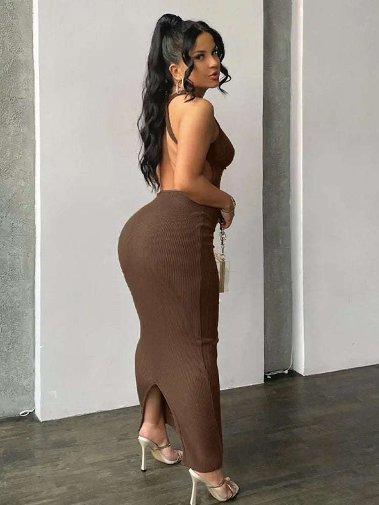 Ribbed Knit Sleeveless Empire Seam Backless Bodycon Maxi Dress