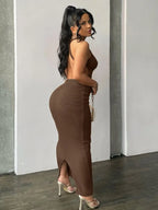 Ribbed Knit Sleeveless Empire Seam Backless Bodycon Maxi Dress