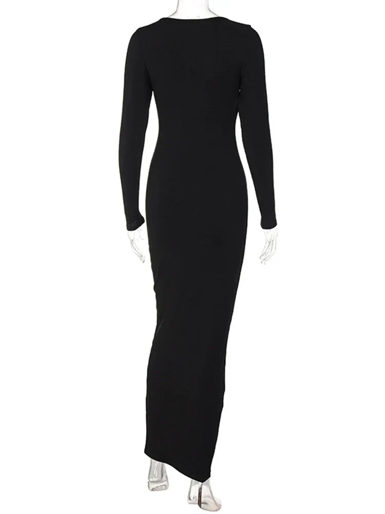 Ribbed Scoop Neck Long Sleeve Bodycon Midi Dress
