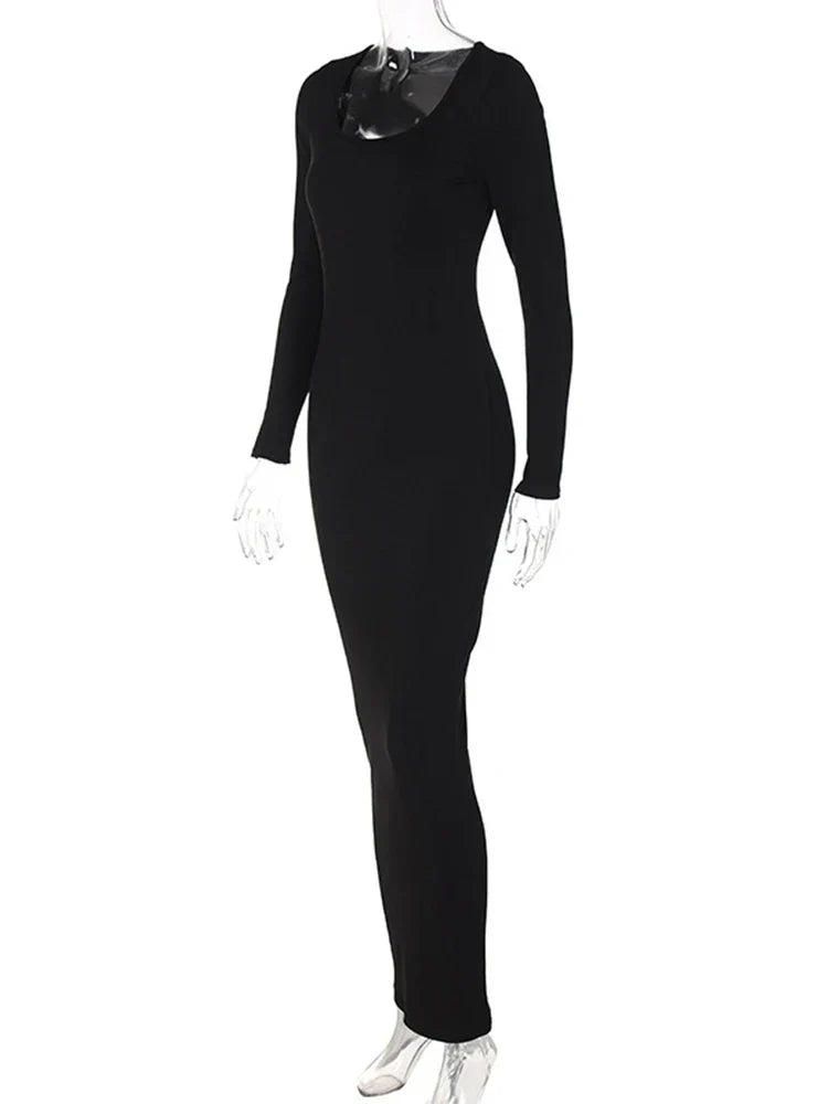 Ribbed Scoop Neck Long Sleeve Bodycon Midi Dress
