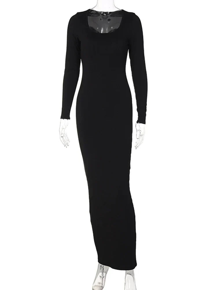 Ribbed Scoop Neck Long Sleeve Bodycon Midi Dress