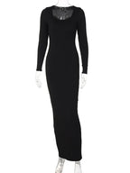 Ribbed Scoop Neck Long Sleeve Bodycon Midi Dress