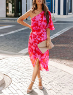Floral Print One Shoulder Flutter Sleeve Ruched Tulip Skirt Midi Dress