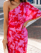Floral Print One Shoulder Flutter Sleeve Ruched Tulip Skirt Midi Dress