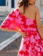 Floral Print One Shoulder Flutter Sleeve Ruched Tulip Skirt Midi Dress