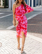 Floral Print One Shoulder Flutter Sleeve Ruched Tulip Skirt Midi Dress