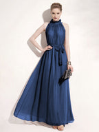 Halter Sundress Jewel Neck Lace Up Chiffon Beach Prom Maxi Dresses