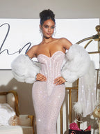 Strapless Rhinestone Corset Sweetheart Mesh Column Maxi Gown
