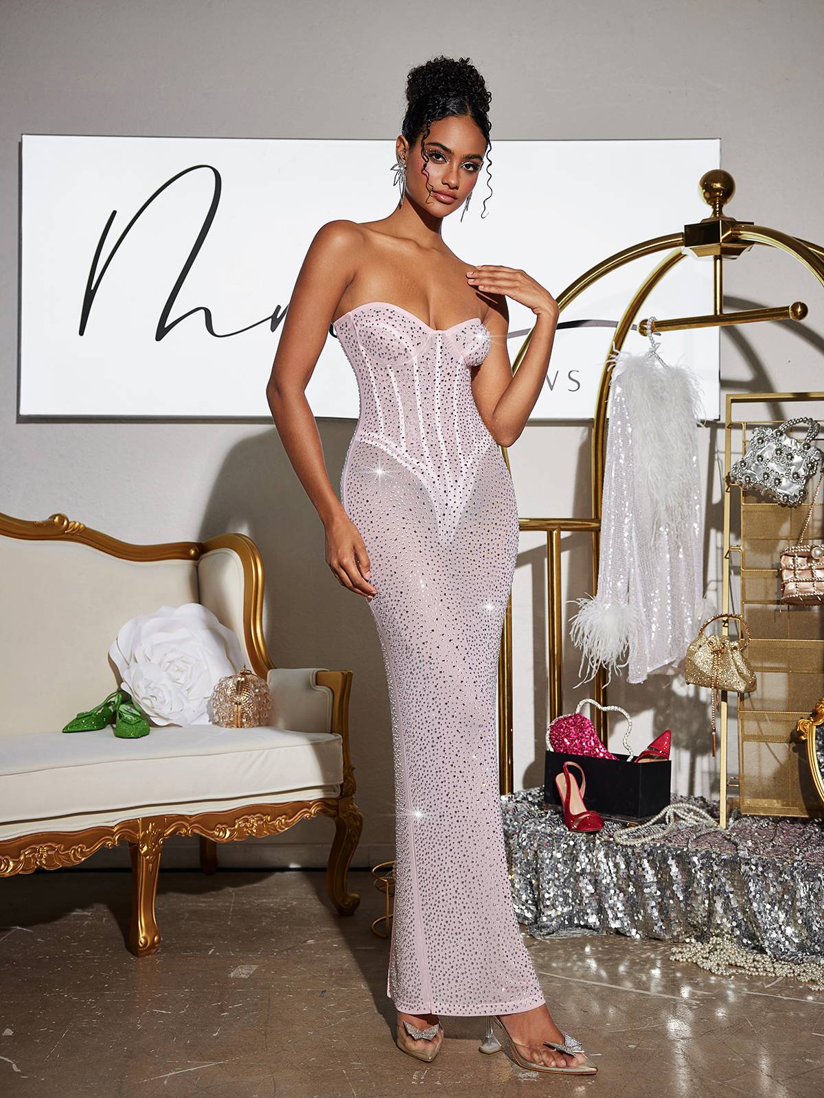 Strapless Rhinestone Corset Sweetheart Mesh Column Maxi Gown