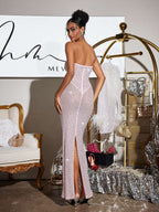 Strapless Rhinestone Corset Sweetheart Mesh Column Maxi Gown