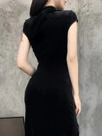 Velvet Mandarin Collar Frog Button Lace Up Side Slit Bodycon Maxi Dress