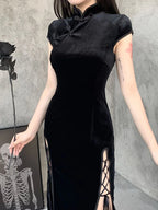 Velvet Mandarin Collar Frog Button Lace Up Side Slit Qipao Maxi Dress