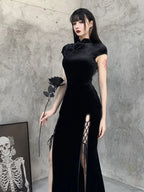 Velvet Mandarin Collar Frog Button Lace Up Side Slit Qipao Maxi Dress