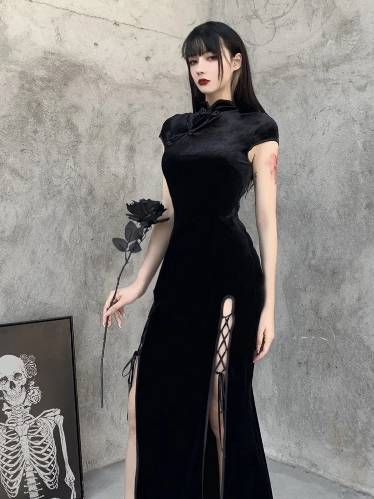 Velvet Mandarin Collar Frog Button Lace Up Side Slit Qipao Maxi Dress