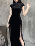 Velvet Mandarin Collar Frog Button Lace Up Side Slit Bodycon Maxi Dress