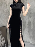 Velvet Mandarin Collar Frog Button Lace Up Side Slit Bodycon Maxi Dress