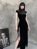 Mandarin Collar Lace Up Side Slit Velvet Qipao Midi Dress