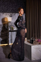 Rhinestone Mirrored Shoulder Long Sleeve High Slit Sheer Maxi Dress
