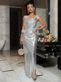Cowl Neck Metallic Rosette Hip Ruched Side Slit Column Maxi Gown