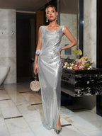 Cowl Neck Metallic Rosette Hip Ruched Side Slit Column Maxi Gown