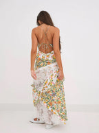 Floral Lace Patchwork Tiered Ruffle Handkerchief Hem Maxi Dress