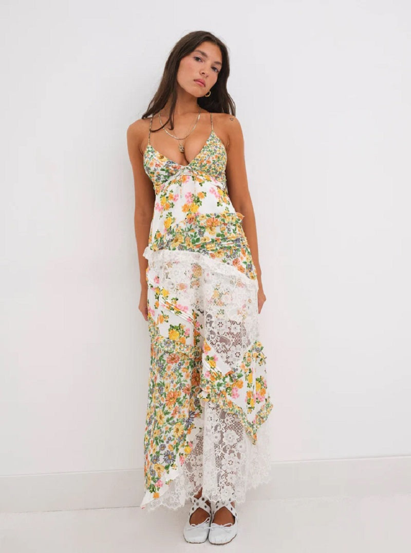 Floral Lace Patchwork Tiered Ruffle Handkerchief Hem Maxi Dress