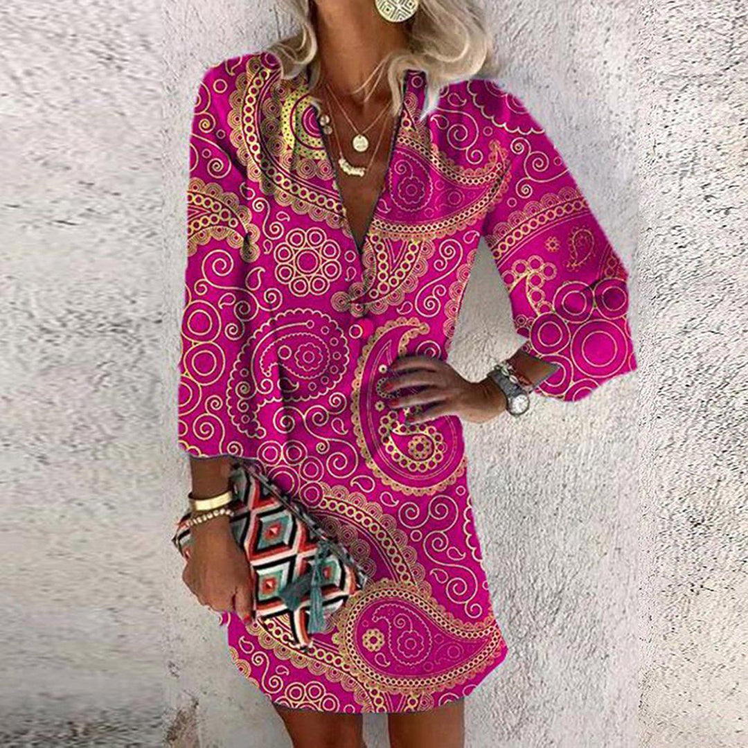 V-Neck Three Quarter Sleeve Paisley Print Shift Mini Dress