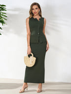 Round Neck Placket Button Top&Placket Button Decoration Bodycon Set