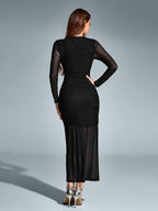 Round Neck Ruched Mesh Bodycon Dress