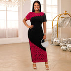 Round Neck Asymmetric Sleeves Dress Party Lace Stitching Contrast Color High Waisted Dress