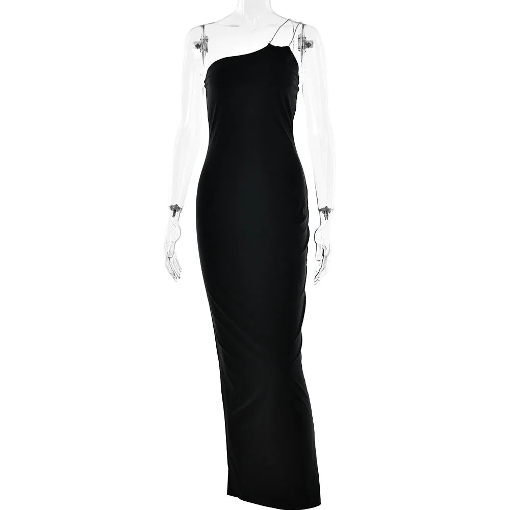 One Shoulder Rhinestone Strap Ruched Bodycon Maxi Gown